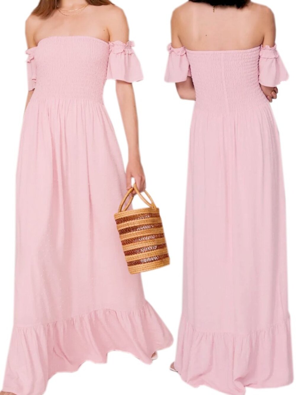 Slate & Willow Delicate Pink Maxi Dress Size M Shirred Bodice Off-the-Shoulder